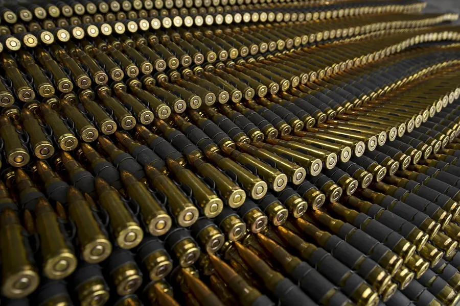 Rows of belted brass ammunition